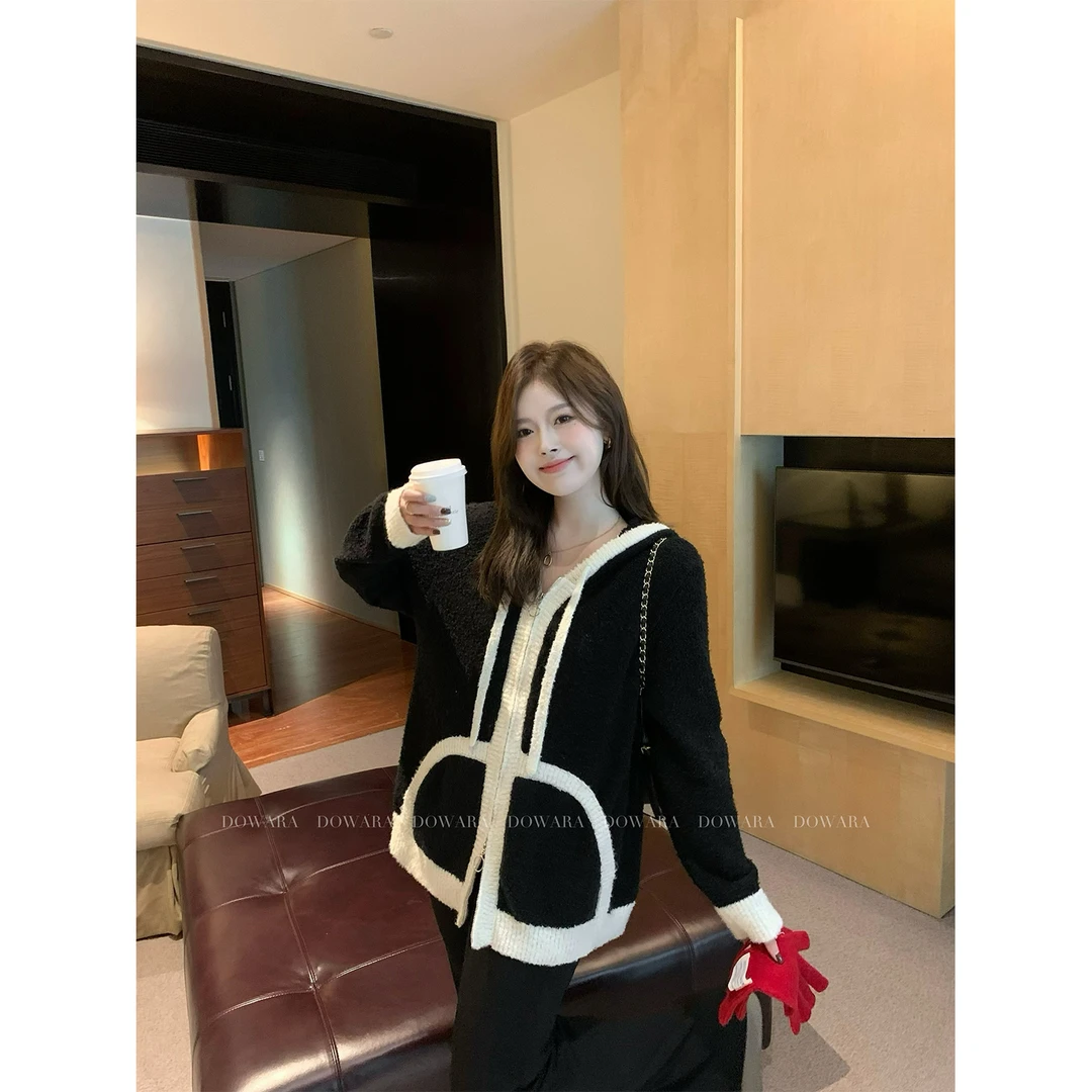 现货5695D大婉酱微胖定制慵懒风拼接连帽毛衣冬季撞色针织衫上衣