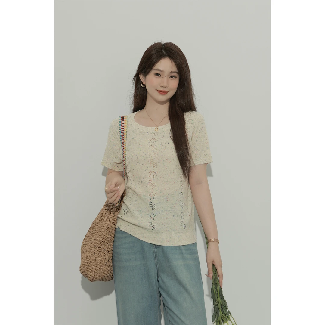 大婉酱微胖定制韩版小众杂色短袖针织小衫夏季宽松百搭上衣 6080D