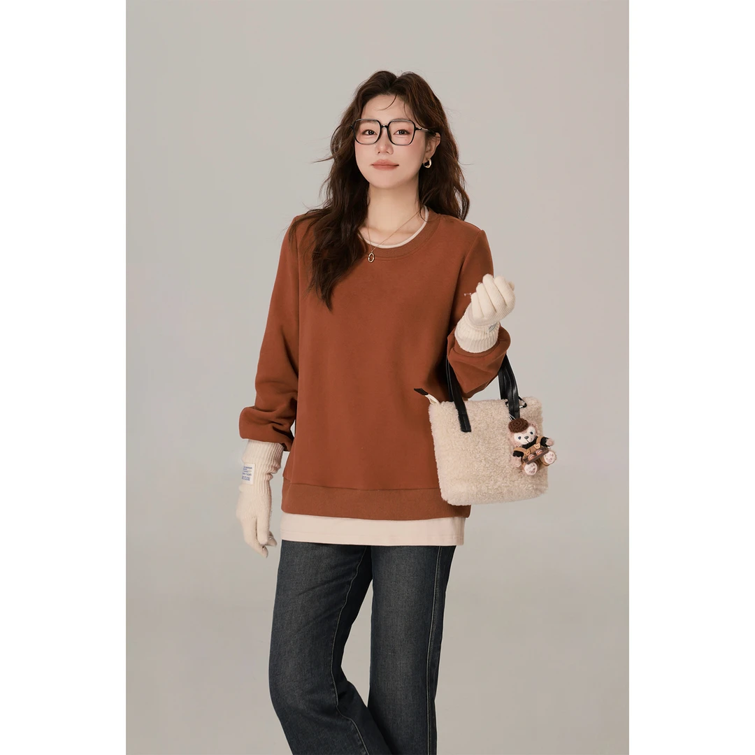 现货大婉酱微胖定制韩版假两件圆领卫衣女宽松显瘦加绒上衣 7351D