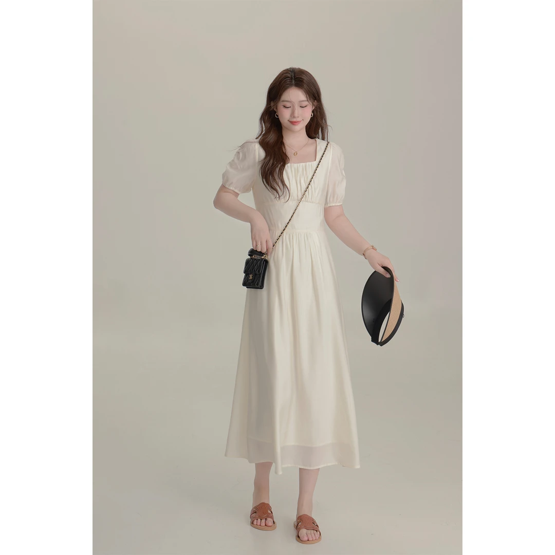 现货6192D大婉酱微胖定制 天丝羊毛混纺法式方领连衣裙女气质长裙