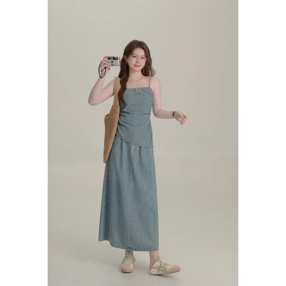 大婉酱微胖定制复古不规则牛仔吊带上衣高腰a字气质长裙套装5103D