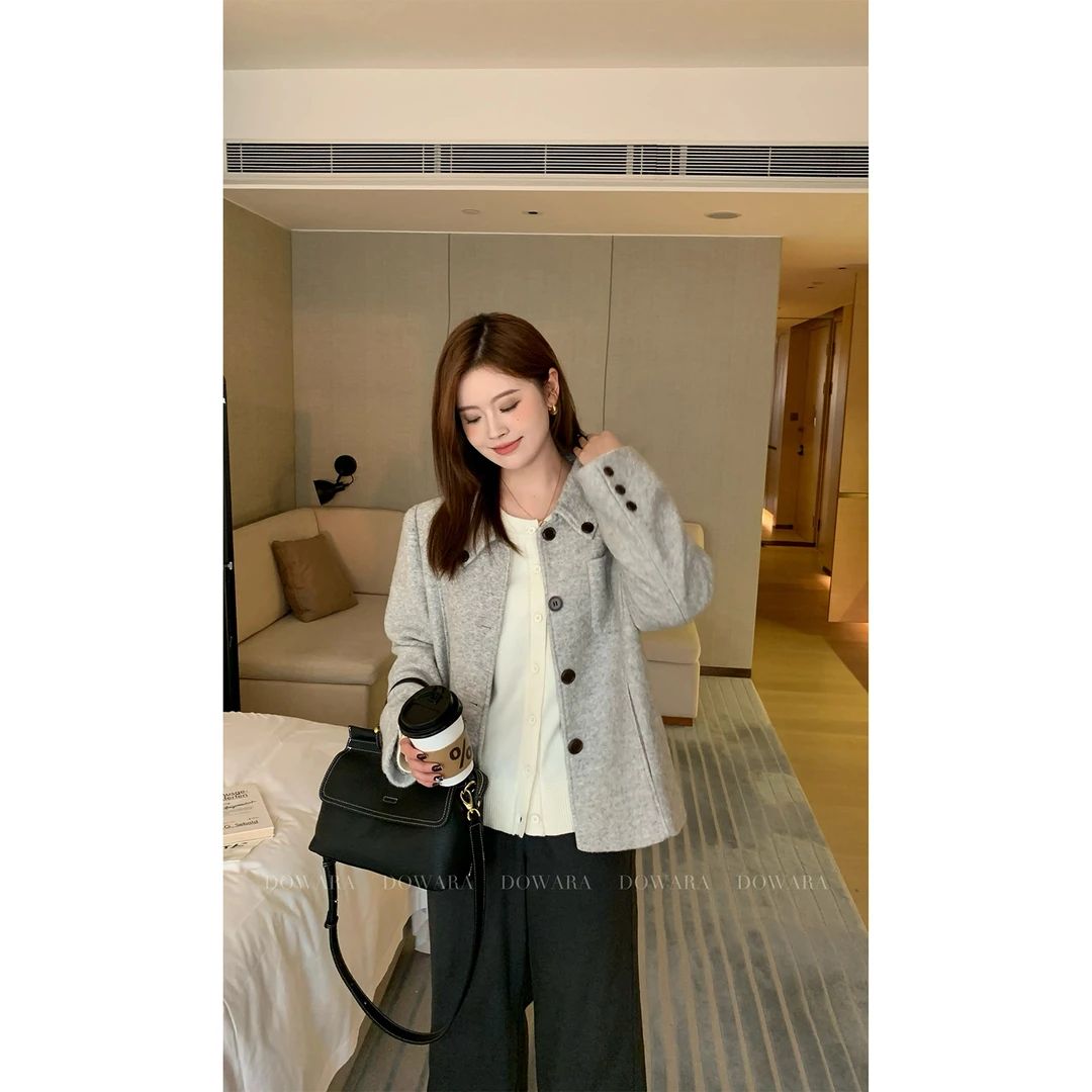 大婉酱微胖定制 韩版设计感灰色翻领短外套女冬季绵羊毛上衣5715D