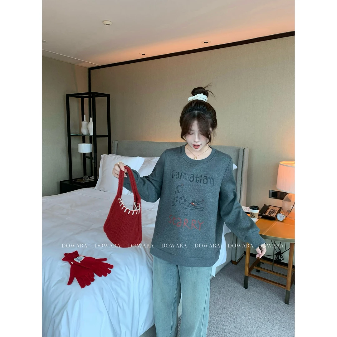 大婉酱微胖定制 韩版加绒加厚卡通动漫狗狗卫衣冬季圆领长袖7586D