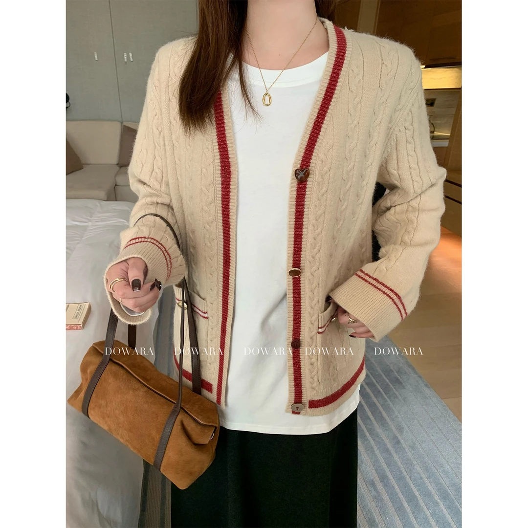 大婉酱微胖定制 毛衣撞色开衫秋冬新款慵懒宽松显瘦针织外套7392D