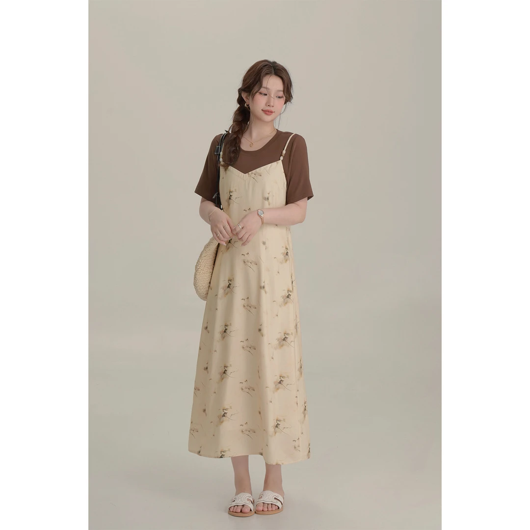 大婉酱微胖定制假两件碎花吊带连衣裙夏季复古气质显瘦A字裙6195D