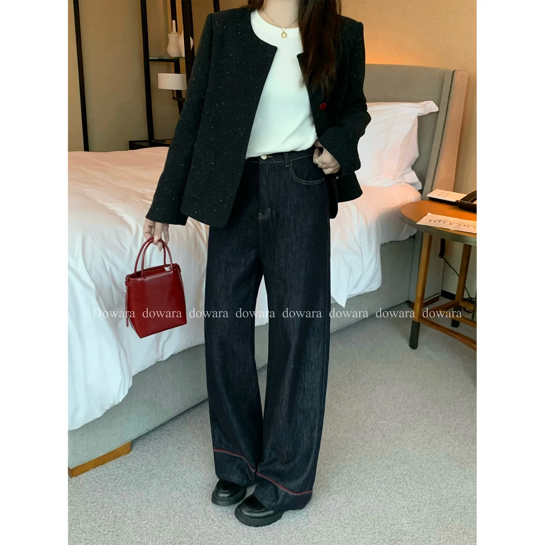 大婉酱微胖定制 高腰阔腿牛仔裤复古休闲加绒加厚直筒裤6578D