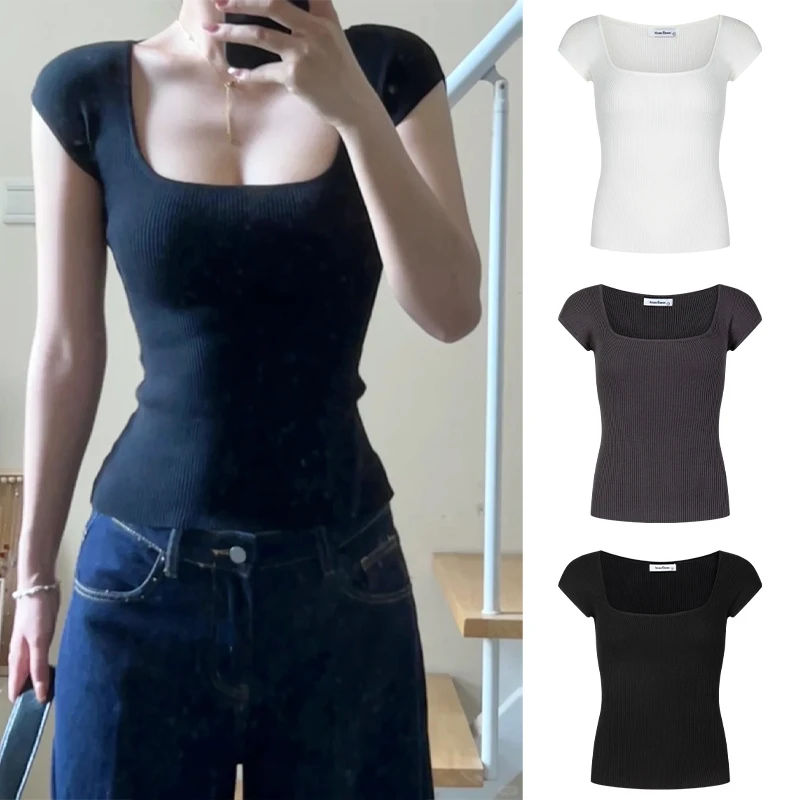 Moses Queen美式复古黑色大U领螺纹短袖T恤修身显瘦辣妹上衣夏季