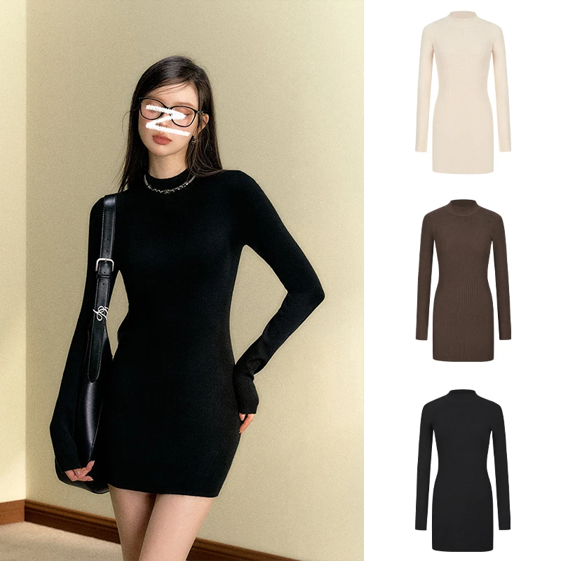 Moses Queen/魔西女王半高领长袖修身针织连衣裙收腰显瘦内搭短裙