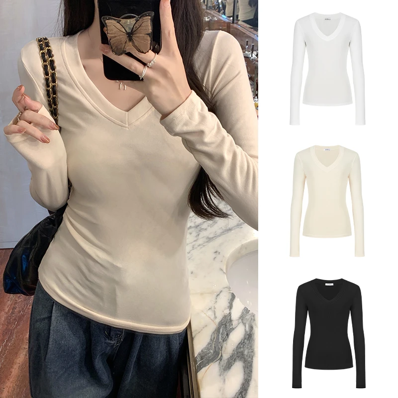 Moses Queen/魔西女王设计感小众正肩V领长袖T恤女春秋内搭打底衫