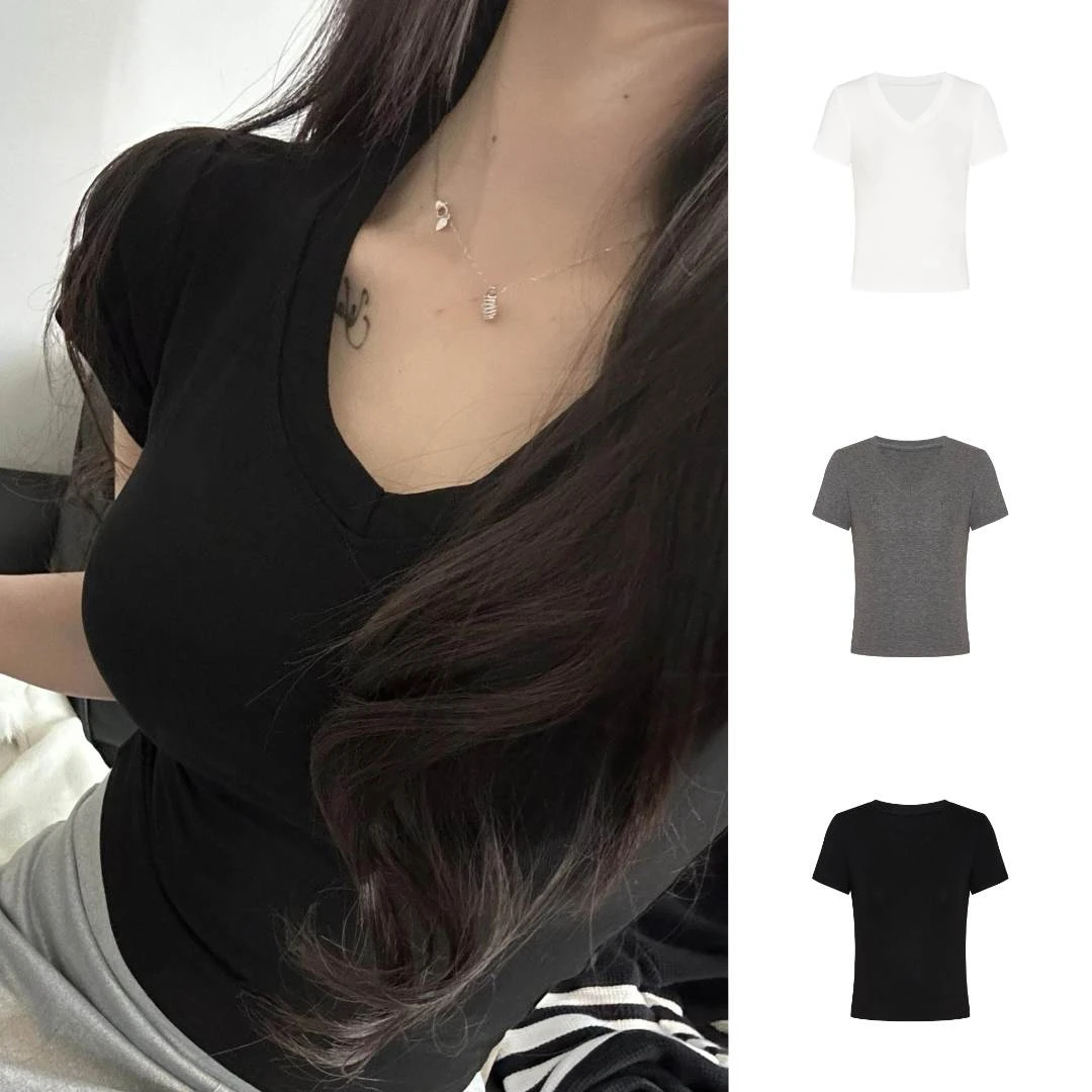 Moses Queen/魔西女王显胸大掐腰正肩t恤V领短袖女短款修身打底衫