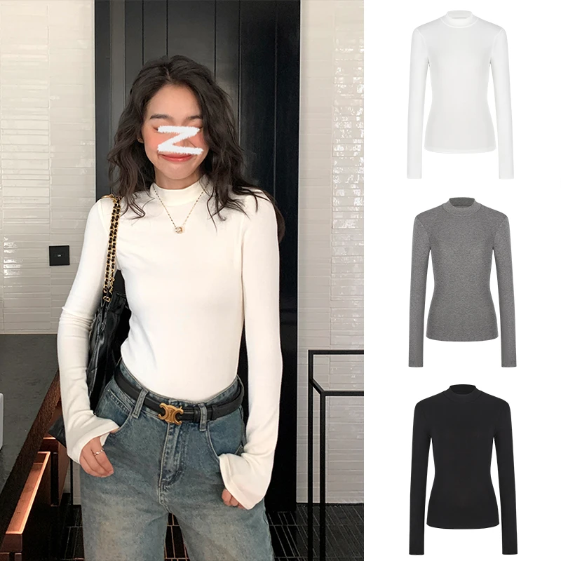 Moses Queen打底衫女西装内搭洋气圆领秋季修身半高领包边长袖t恤