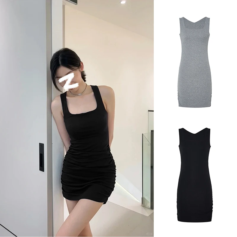 Moses Queen/魔西女王褶皱收腰吊带连衣裙女方领修身辣妹包臀短裙