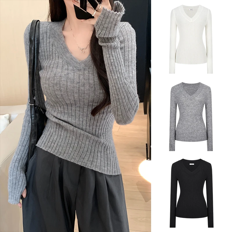 Moses Queen/魔西女王灰色v领坑条针织衫收腰显瘦长袖打底衫上衣