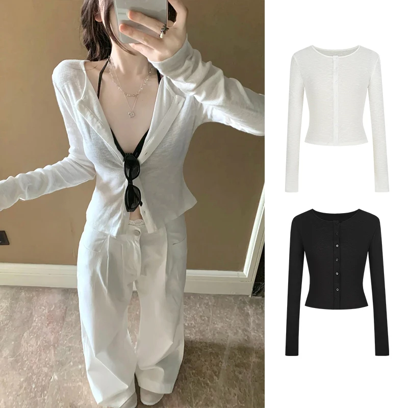 Moses Queen早秋薄款开衫女纯欲修身打底衫短款收腰长袖上衣外套