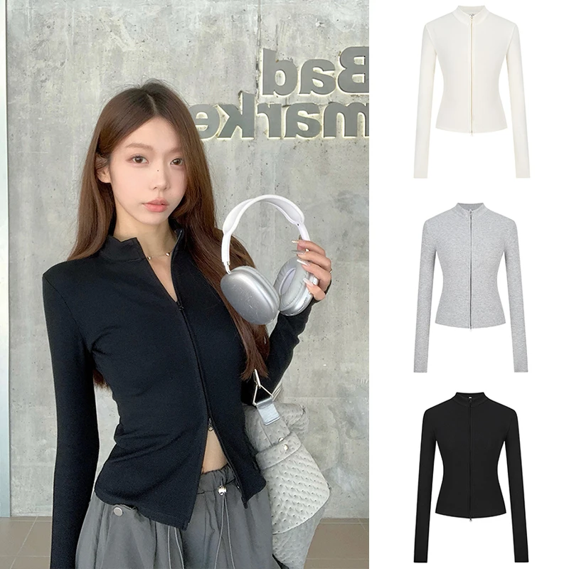 Moses Queen/魔西女王黑色简约双拉链立领针织开衫女修身外穿上衣