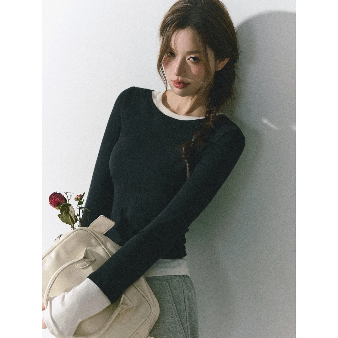 Itsokies【7℃加百列】精品羊绒修身正肩撞色假两件不对称抽褶打底