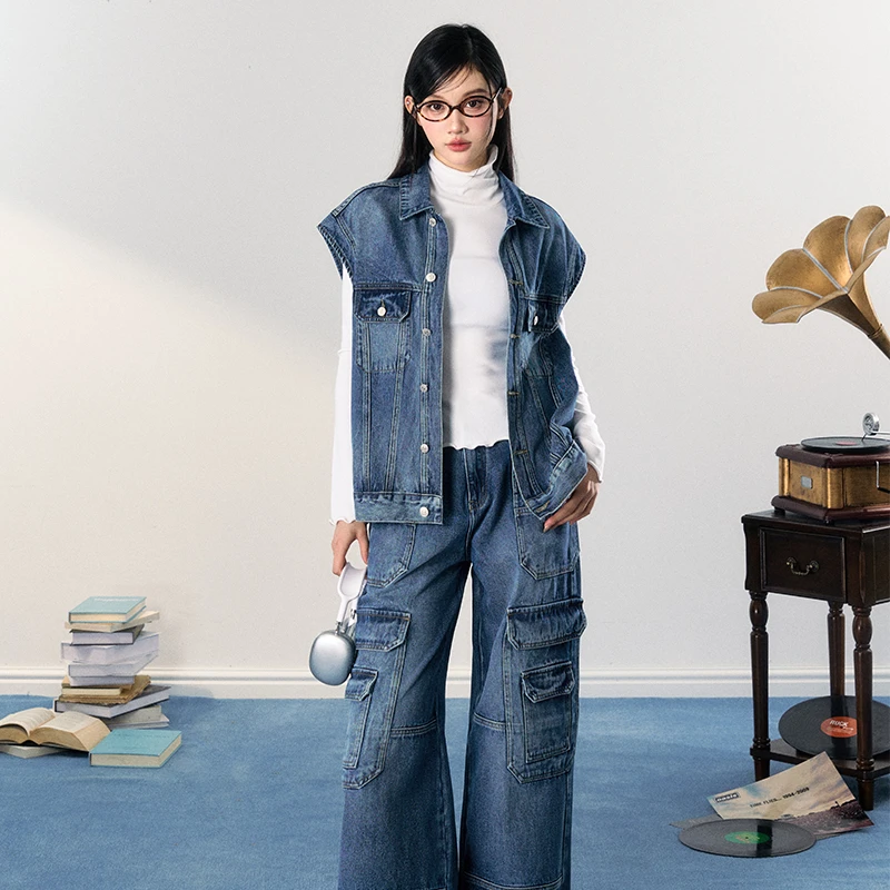 itsokies【人生不设限】美式复古牛仔棉挺阔马甲工装裤牛仔套装