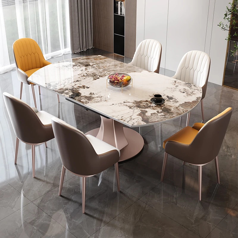 碳素钢岩板餐桌椅组合现代简约可伸缩折叠桌小户型方圆两用桌轻奢