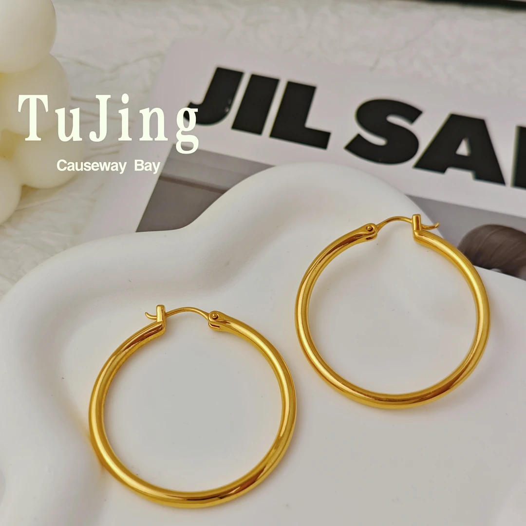 【徒金】999光面大圈耳扣超大款黄金耳扣耳圈耳环女款秋冬方圆脸