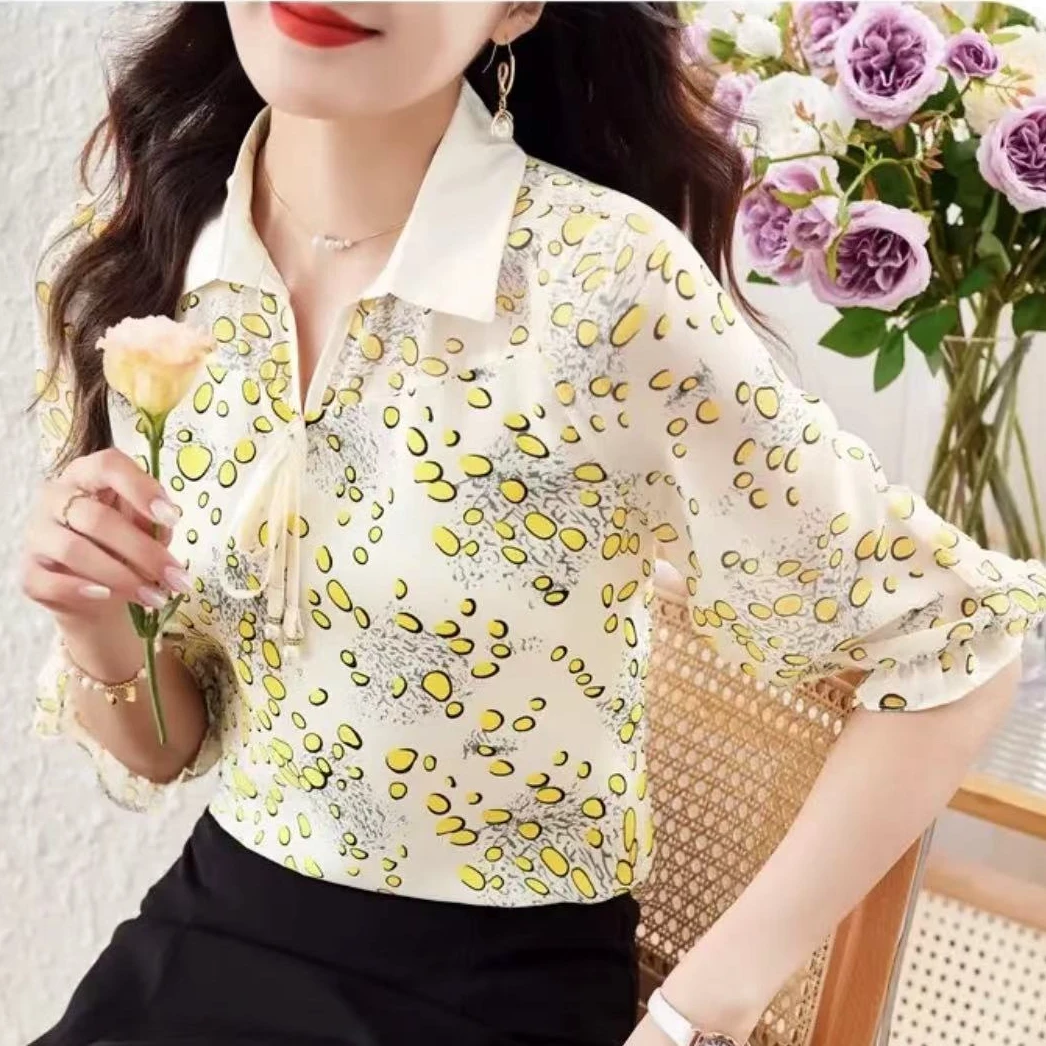 唯依7910#夏季碎花减龄气质时尚显瘦中袖翻领小衫【长约62】