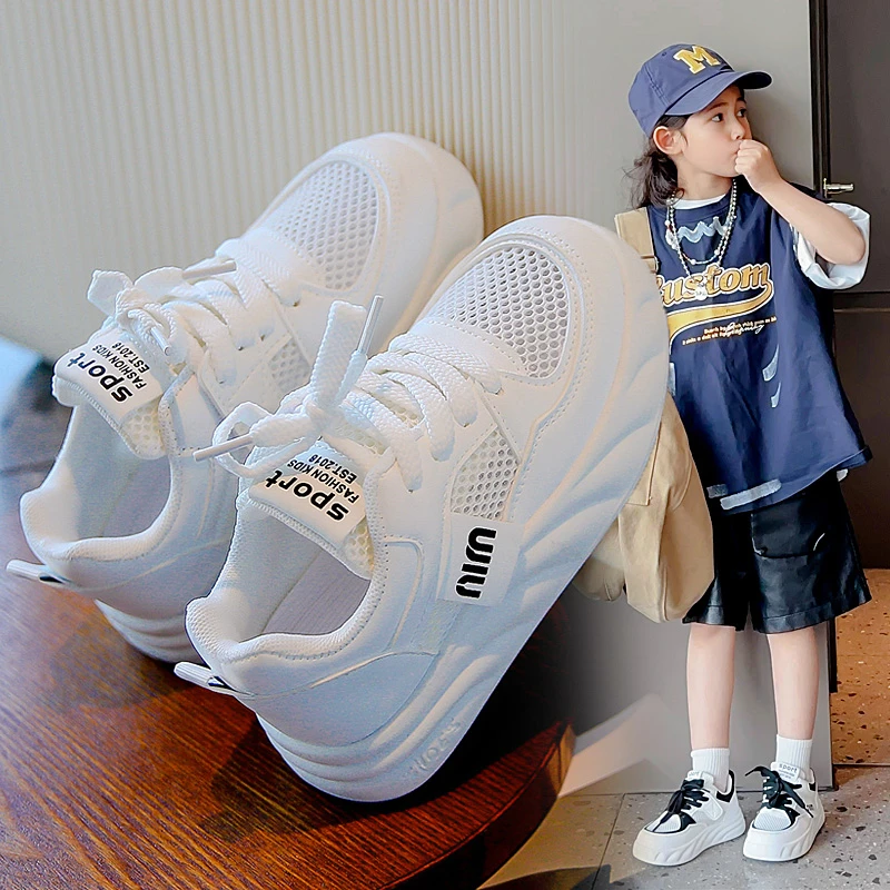女童鞋子小白鞋夏季2024新款儿童网面透气运动板鞋小学生单网男童