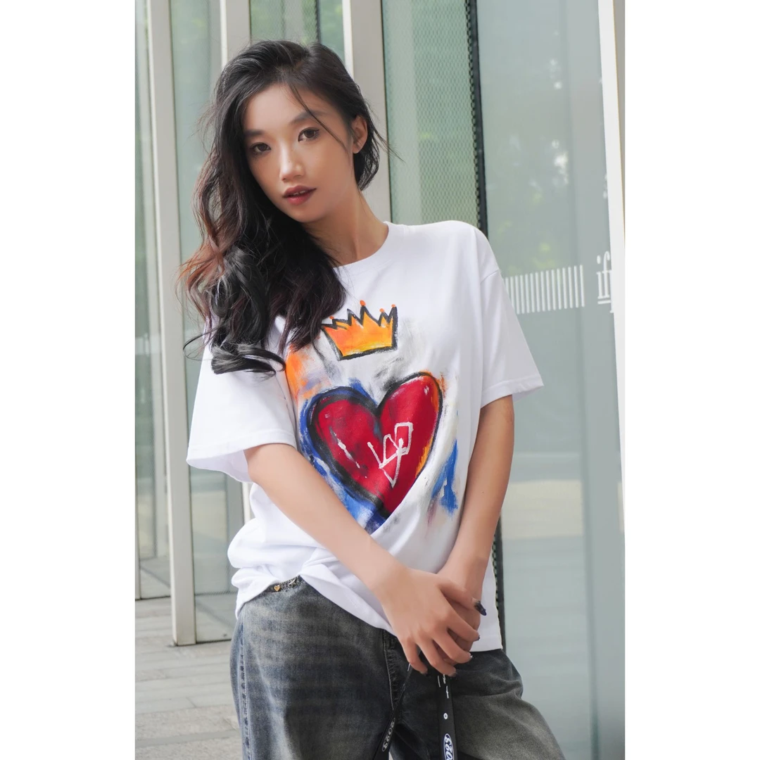 原创纯手绘大爱心❤夏季潮牌t恤 300克重磅纯棉美式男女同款宽松版