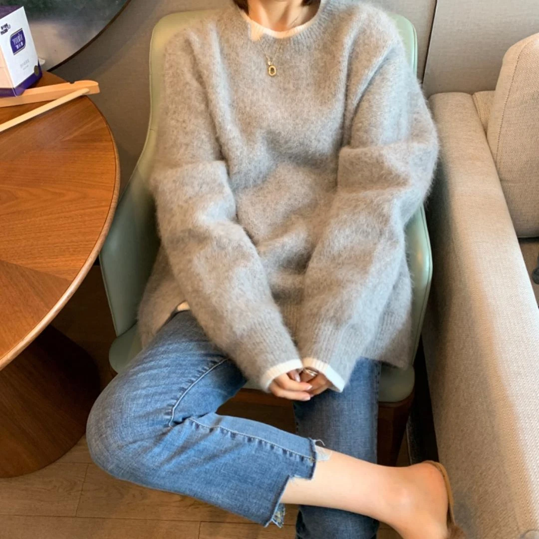 灰色慵懒假两件软糯毛绒圆领毛衣女韩版设计感衫套头针织上衣潮