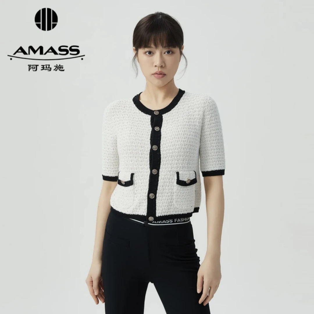 AMASS/阿玛施新款小香风针织短袖时尚5499206-夏季镂空上衣女短款