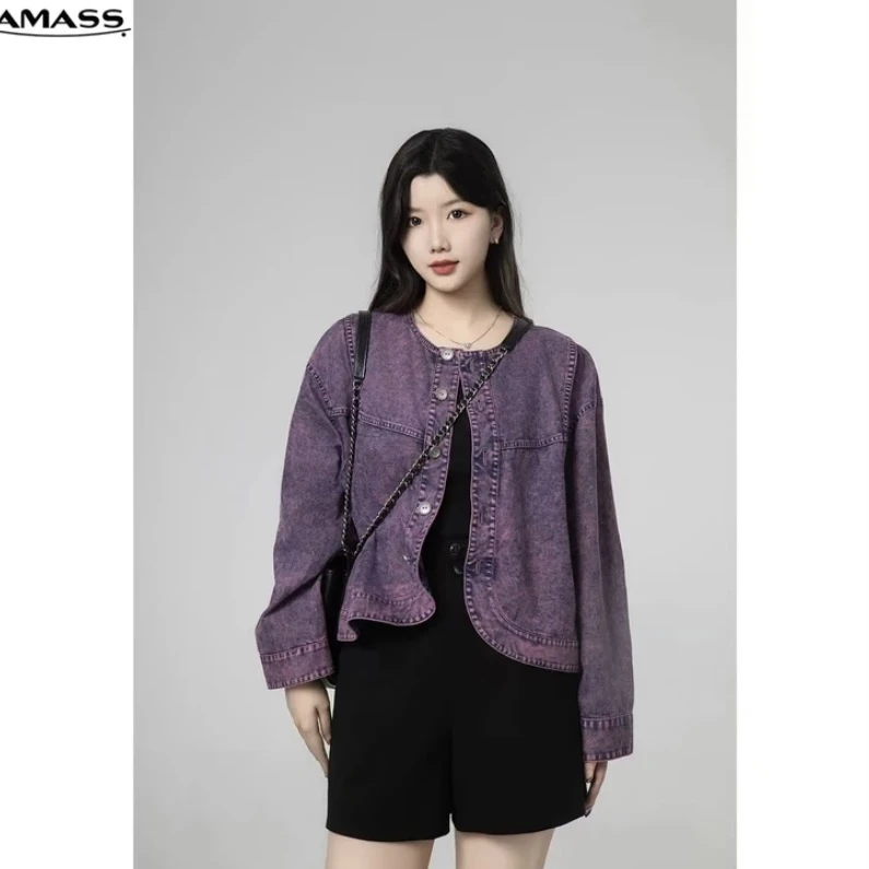 AMASS/阿玛施早秋新款宽松复古原来零单排扣长袖外套5400806牛仔