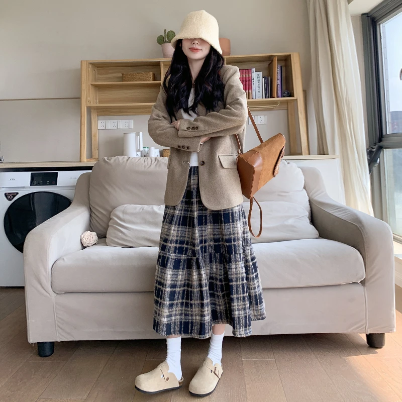 复古毛呢格子半身裙女秋冬 高腰显瘦A字中长裙磨毛拼接圣诞蛋糕裙