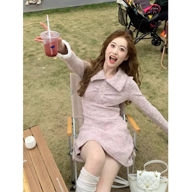 粉紫色Polo领皱褶设计感收腰显瘦连衣裙女秋季内搭长袖毛边打底裙