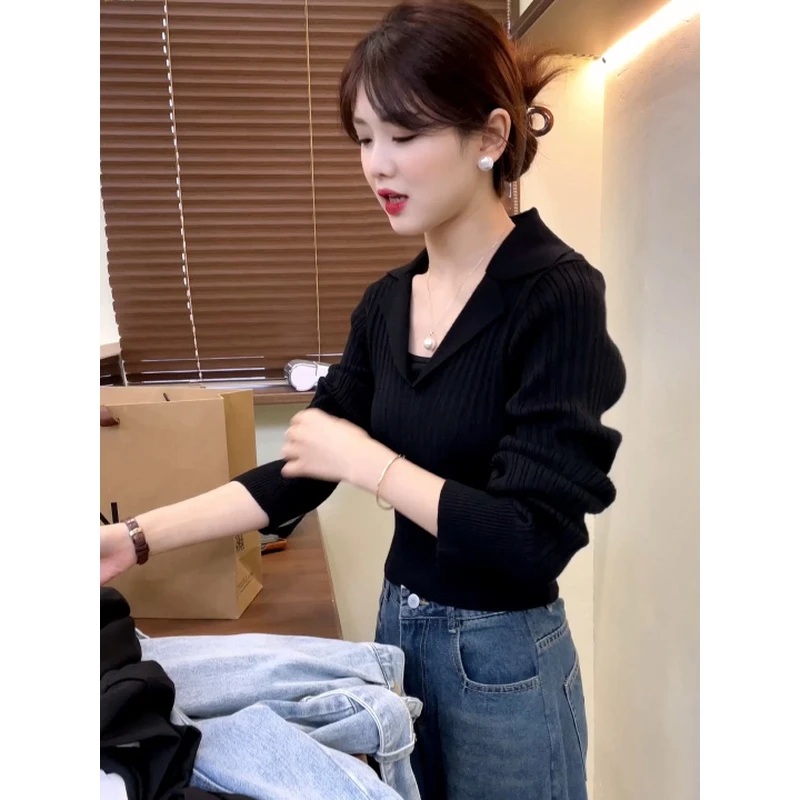 黑色翻领气质长袖针织衫女2025秋季新款高级感修身显瘦上衣ins潮