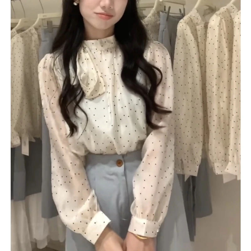 法式波点系带设计感雪纺衬衣女2025春季新款宽松显瘦长袖上衣ins