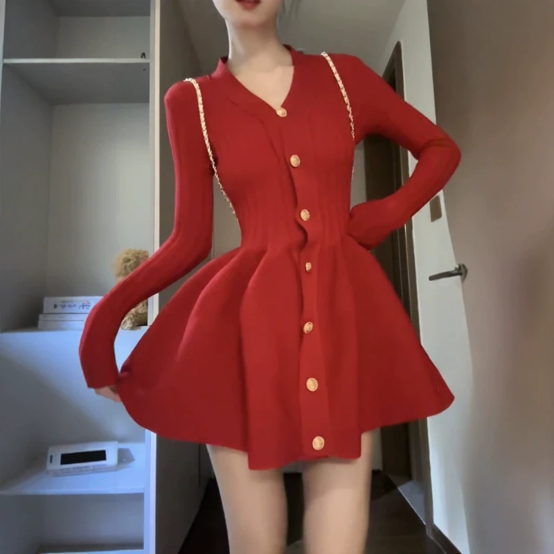 圣诞氛围感小香风名媛针织衫女2025秋冬季红色收腰显瘦短款针织裙