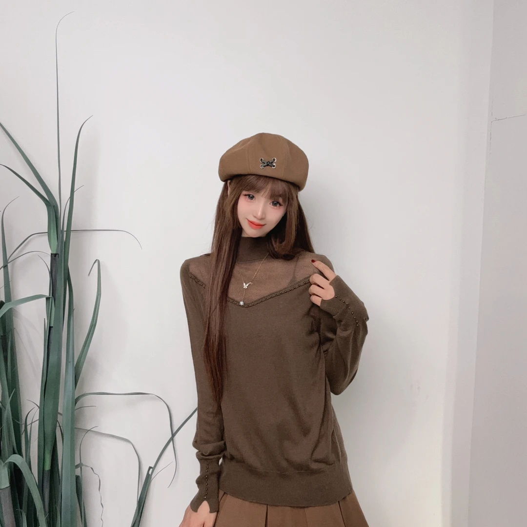 VICKY PEPE半高领针织冬新款时尚洋气内搭打底衫网纱拼色长袖毛衣