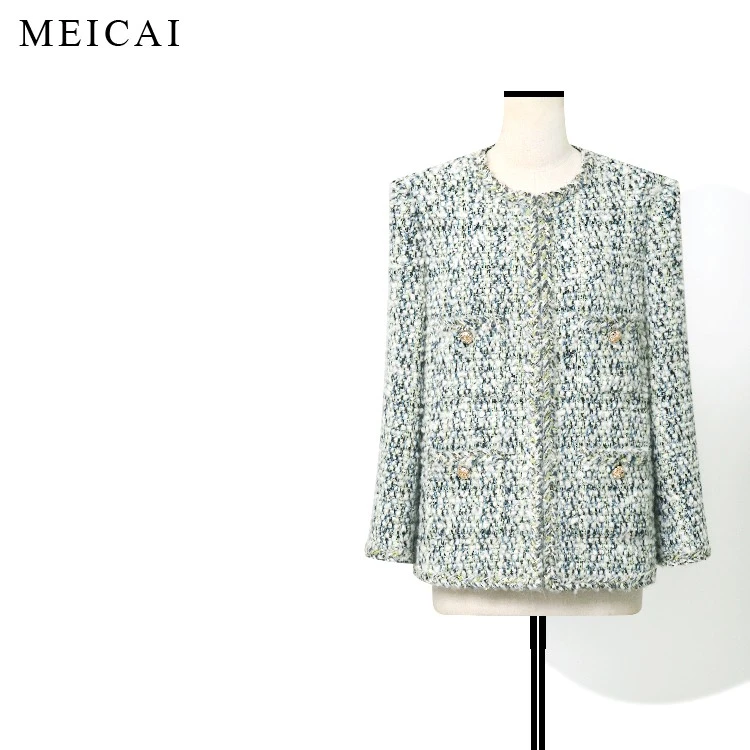 美裁 暗夜精灵 梦幻蓝绿绵羊毛绒感花纱时髦廓形微喇袖香风外套