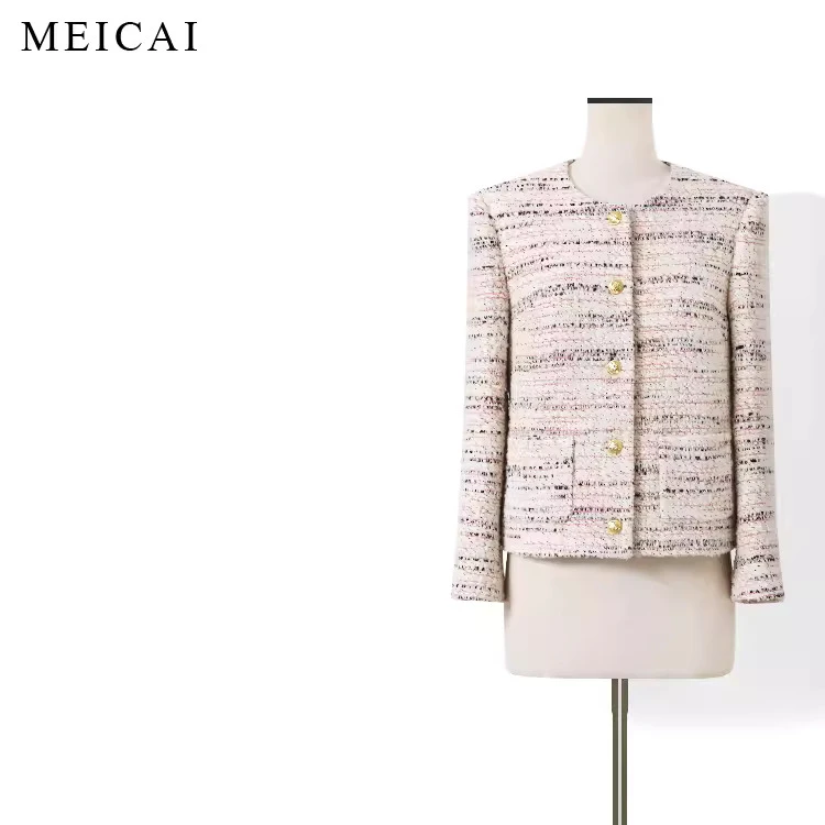 美裁 春新款气质名媛粗花呢撞色羊毛编织高级感通勤小香风短外套