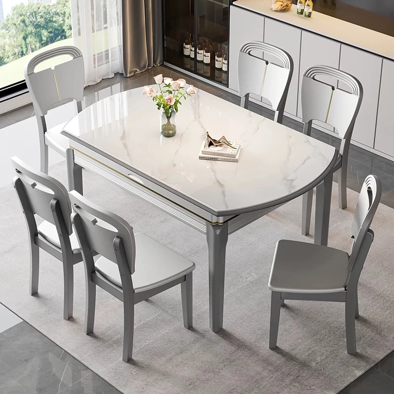 岩板餐桌椅组合家用吃饭现代简约轻奢伸缩折叠可变圆桌小户型饭桌