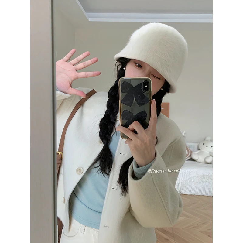 香香的蕉 韩系百搭兔毛显脸小白色盆帽渔夫帽（会掉毛）