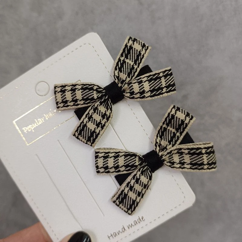 韩式甜美黑色拼卡其色格子小蝴蝶结对夹边夹公主发夹小香风发饰女