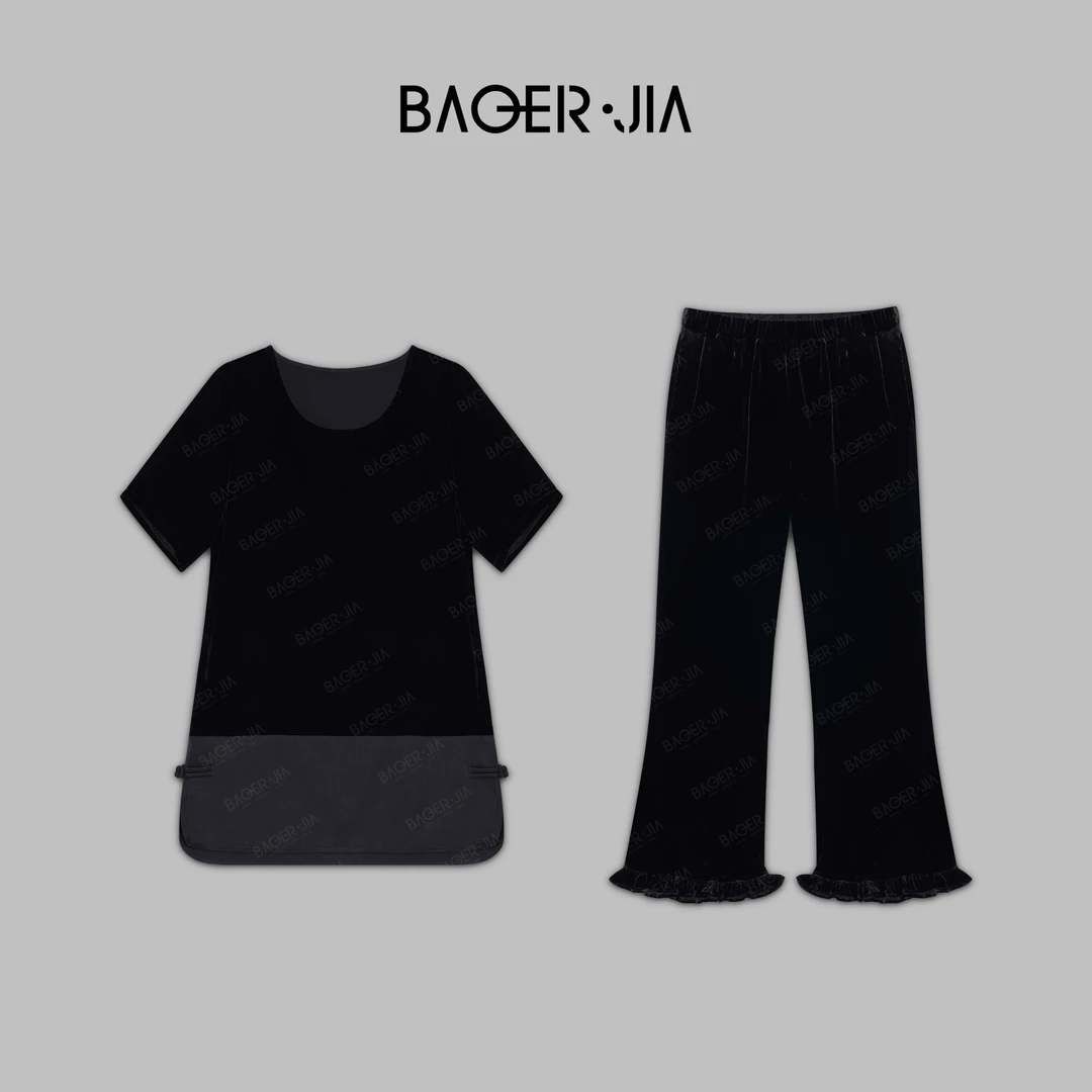 18-【赫本国风】宝儿家含幂BF37224206夏季款桑蚕丝丝绒拼接上衣裤