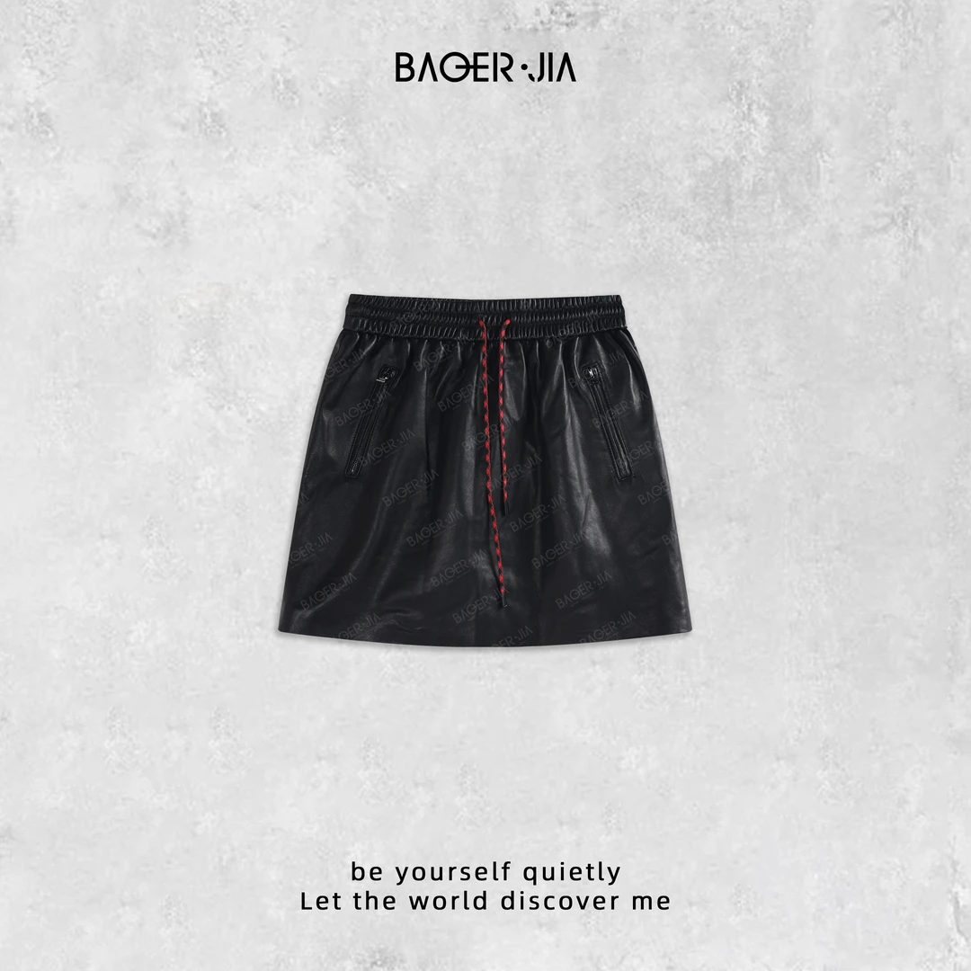 17-【抽绳皮裙】宝儿家含幂BD15724307早秋新款彩色抽绳绵羊皮裙子