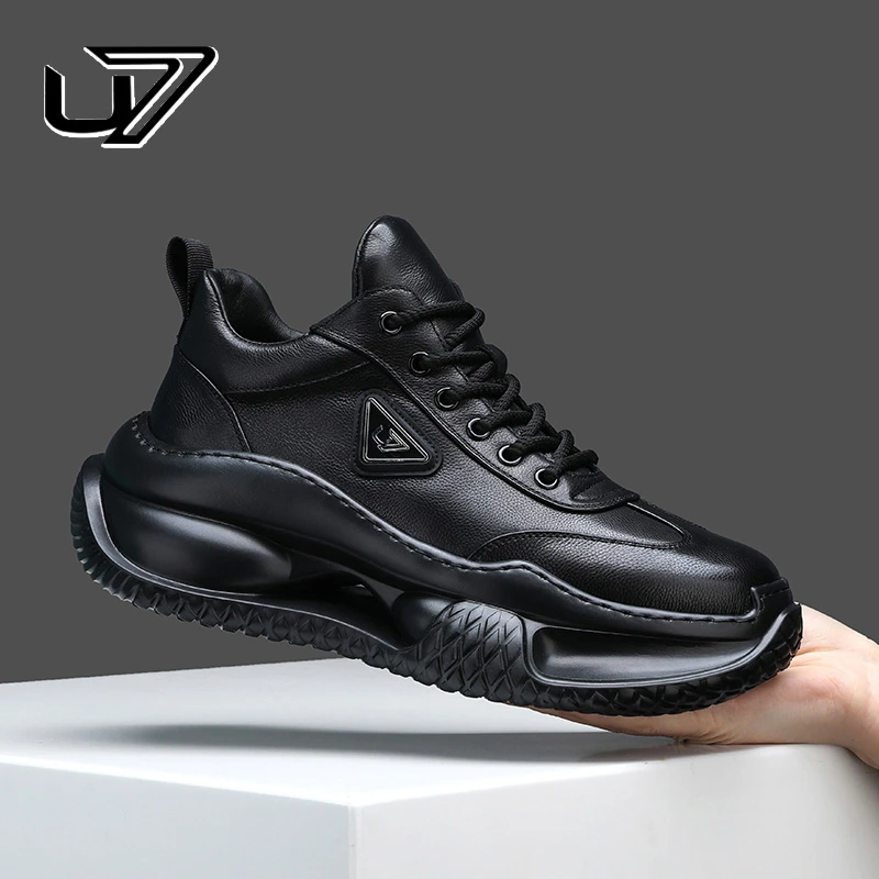 U7品牌男鞋2024新款真皮男士运动鞋厚底增高头层牛皮老爹鞋男