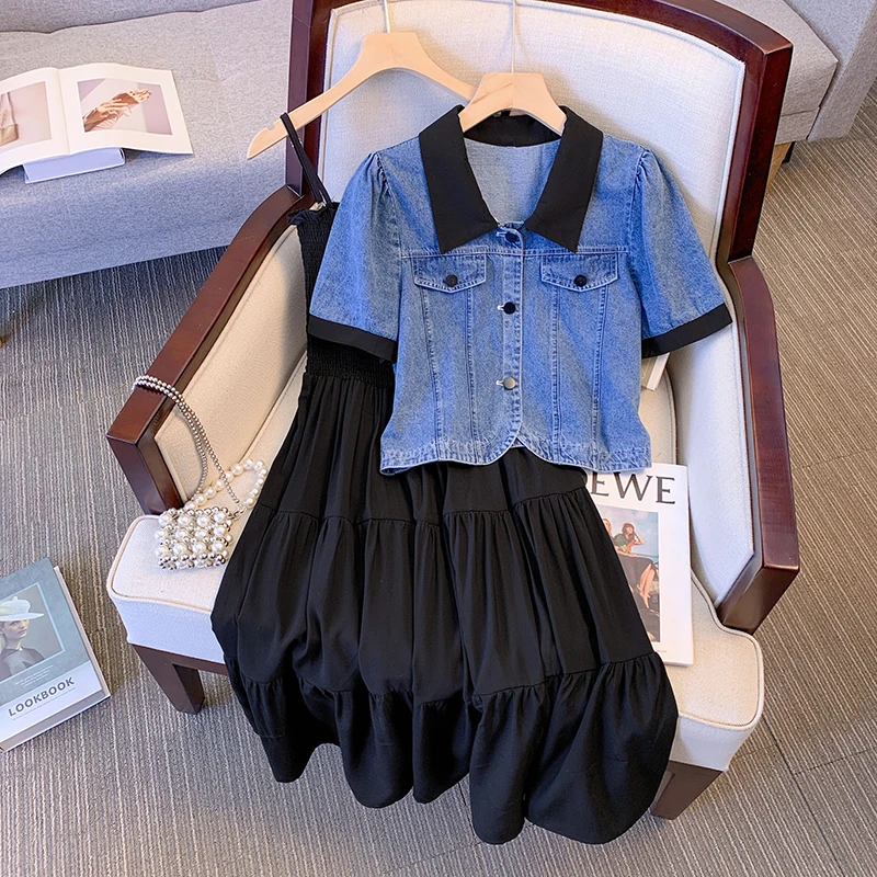 大码短袖牛仔上衣女2025夏季新款胖mm遮肚子显瘦吊带连衣裙两件套
