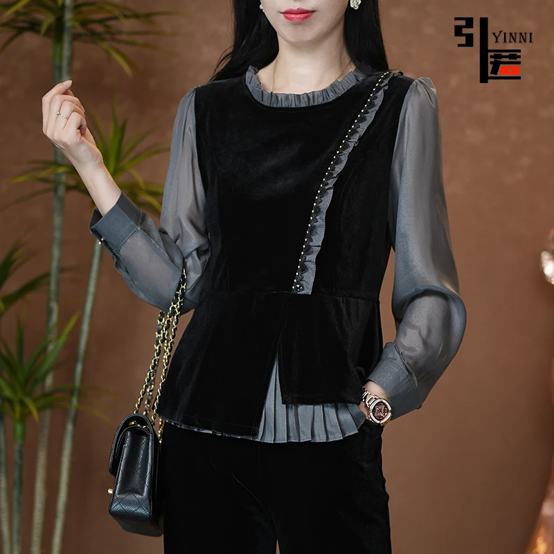 引匿（现货）039金丝绒拼接木耳边显瘦气质小种假两件长袖 2025春