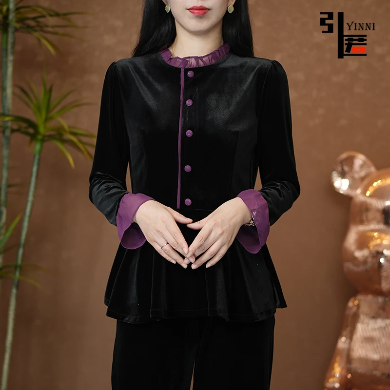 引匿(现货)A127金丝绒法式气质长袖打底衫木耳边小衫中国风2025春