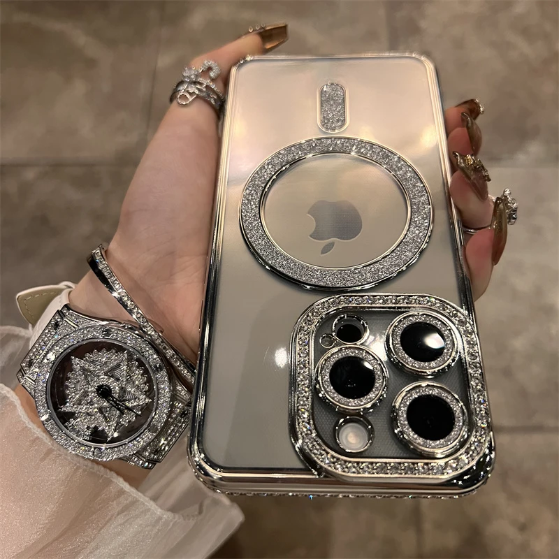 水钻框银色磁吸自带镜头膜苹果15手机壳14新款iphone15promax网红