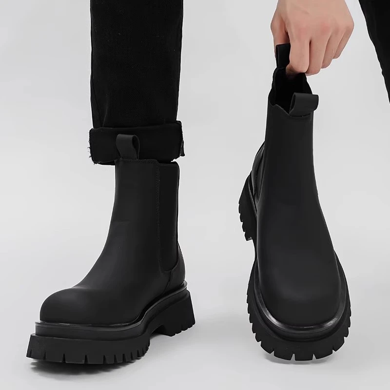 切尔西靴加绒冬季棉鞋马丁靴男款厚底增高英伦高帮中筒男靴雪地靴