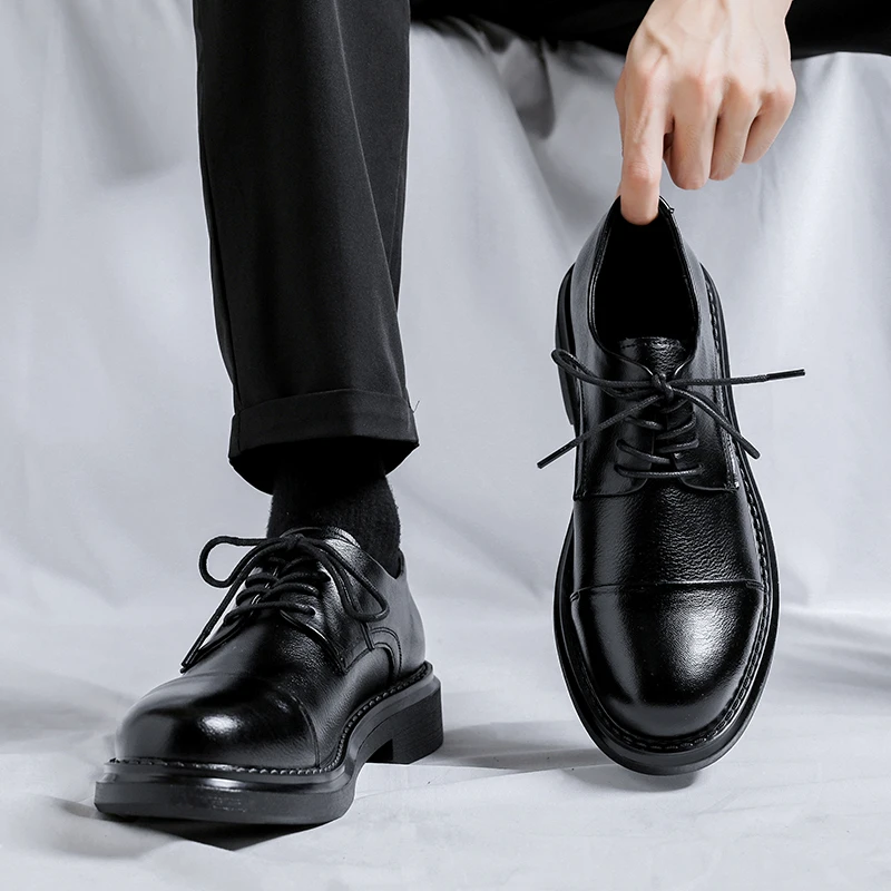 春秋复古英伦三接头德比鞋男士休闲皮鞋大头增高厚底黑色商务正装