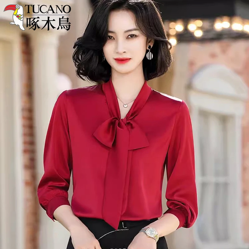 TUCANO/啄木鳥蝴蝶结绸缎面衬衫女长袖上衣春秋新款时尚职业衬衣